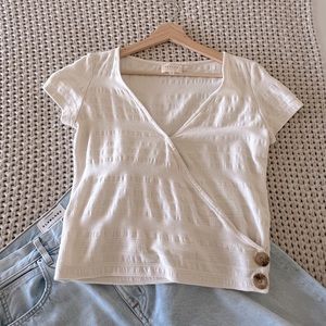 Sezane Jess T-shirt Wrap Top Cap Sleeve with Buttons Cream White Ecru M